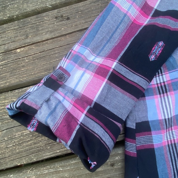 Denim 24/7 soft Cotton plaid blouse feminine style button tab sleeves 20W NEW - Picture 9 of 13